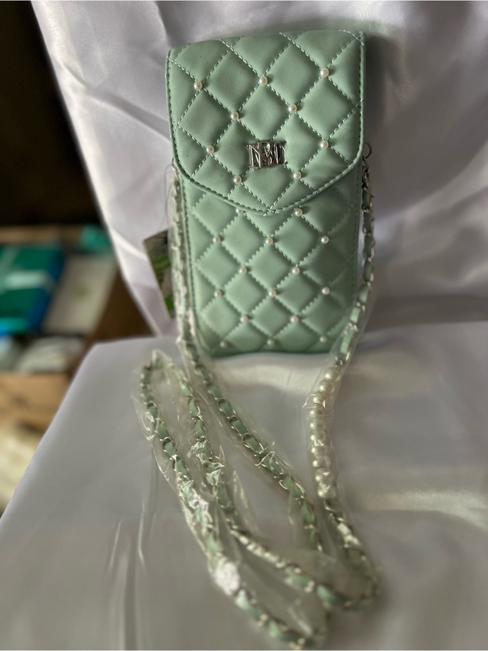 Badgley Mischka Mint Quilted Pearl-Accent Crossbody Phone Case